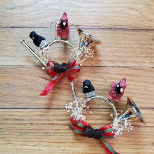 Cardinal black bird horn ribbon Christmas ornament set of two‎
